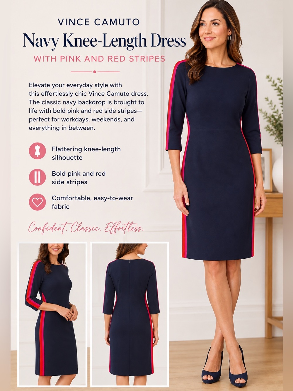 Vince Camuto Navy Midi Dress with Pink and Red Stripes
